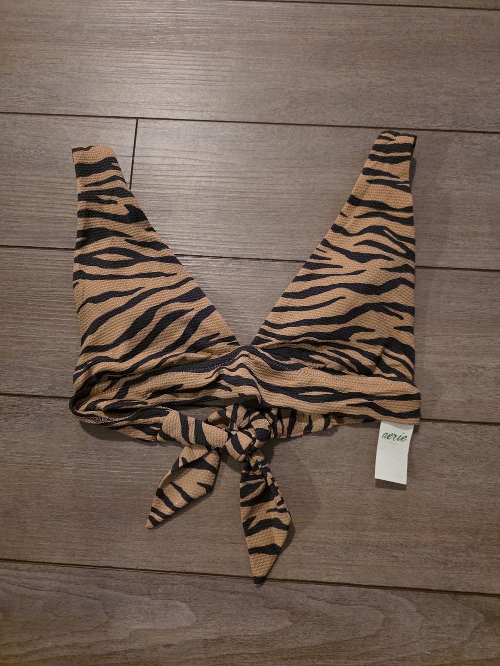 aerie Tiger Print Tie-Front Bikini Top in Tan and Black